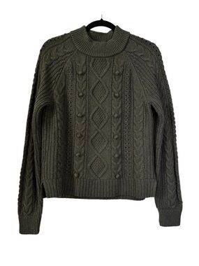 NWT J. Crew Pom-pom Cable Knit Sweater M Medium Heather Forest Green Wool Blend